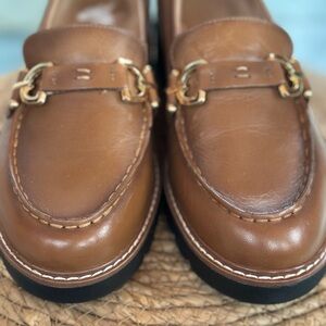 On Trend, Yet Comfortable, Brown Leather Loafers with Gold Buckle size 9.5 NWOT